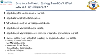 28-12-2022 Confidential- Exclusive for use of Shanmukha Agritec Limited 6
Base Your Soil Health Strategy Based On Soil Test :
Why Soil Test Is Important ?
 Helps to know the nutrient status of your soil.
 Helps to plan what nutrients to be given.
 Nutrient requirement will vary based on soil & crop.
 Helps to know if your soil is building up salts.
 Helps to know if your management is improving or degrading or maintaining your soil.
 However soil test report will not tell you about the biological health of your soil like :
- Amount of Soil Organic Matter
- Soil Microbial Activity
- Diversity of Flora & Fauna
- Organic Matter Decomposition
- Soil Borne Pathogens
 