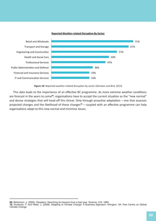 22
Figure 18. Reported weather-related disruption by sector (Glendon and Bird, 2013)
This data leads to the importance of an effective BC programme. As more extreme weather conditions
are forecast in the years to come69
, organisations have to accept the current situation as the “new normal”
and devise strategies that will head off this threat. Only through proactive adaptation – one that assesses
projected changes and the likelihood of these changes70
– coupled with an effective programme can help
organisations adapt to this new normal and minimise losses.
69. Bohannon, J. (2005). Disasters: Searching for lessons from a bad year. Science, 310, 1883.
70. Sussman, F. and Reed, J. (2008). Adapting to Climate Change: A Business Approach. Arlington, VA: Pew Centre on Global
Climate Change.
 