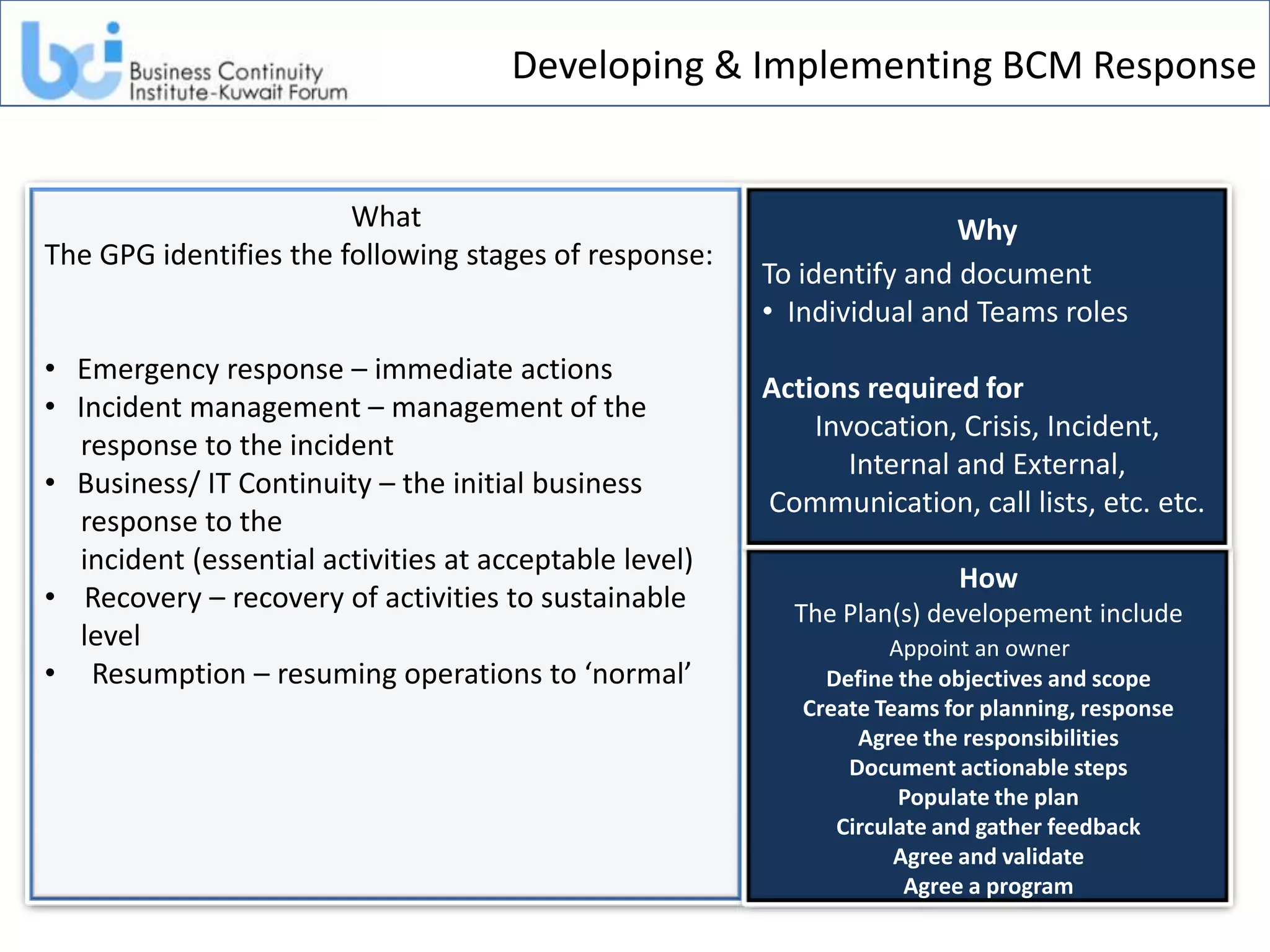 Developing & Implementing BCM Response


                        What                                            Why
The GPG identifies the following stages of response:
                                                        To identify and document
                                                        • Individual and Teams roles
• Emergency response – immediate actions
                                                        Actions required for
• Incident management – management of the
                                                            Invocation, Crisis, Incident,
  response to the incident
                                                               Internal and External,
• Business/ IT Continuity – the initial business
                                                        Communication, call lists, etc. etc.
  response to the
  incident (essential activities at acceptable level)
                                                                         How
• Recovery – recovery of activities to sustainable        The Plan(s) developement include
  level                                                            Appoint an owner
• Resumption – resuming operations to ‘normal’               Define the objectives and scope
                                                           Create Teams for planning, response
                                                                Agree the responsibilities
                                                               Document actionable steps
                                                                    Populate the plan
                                                              Circulate and gather feedback
                                                                    Agree and validate
                                                                     Agree a program
 