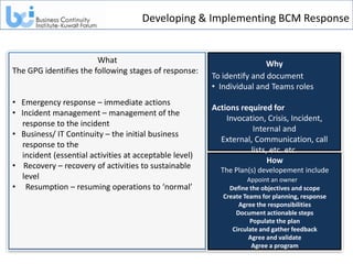 Developing & Implementing BCM Response


                        What                                            Why
The GPG identifies the following stages of response:
                                                        To identify and document
                                                        • Individual and Teams roles
• Emergency response – immediate actions
                                                        Actions required for
• Incident management – management of the
                                                            Invocation, Crisis, Incident,
  response to the incident
                                                                    Internal and
• Business/ IT Continuity – the initial business
                                                          External, Communication, call
  response to the
                                                                   lists, etc. etc.
  incident (essential activities at acceptable level)
                                                                         How
• Recovery – recovery of activities to sustainable        The Plan(s) developement include
  level                                                            Appoint an owner
• Resumption – resuming operations to ‘normal’               Define the objectives and scope
                                                           Create Teams for planning, response
                                                                Agree the responsibilities
                                                               Document actionable steps
                                                                    Populate the plan
                                                              Circulate and gather feedback
                                                                    Agree and validate
                                                                     Agree a program
 