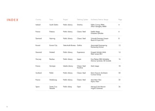 INDEX   Country    Town           Project           Shelving System   Architects/Interior design    Page


        Ireland    South Dublin   Public Library    Slimline          Eddie Conroy FRIAI            4
                                                                      Jillian Geraghty MRIAI


        France     Puteaux        Public Library    Classic Steel     Estelle Mege,                 6
                                                                      Extremes Latitudes


        Denmark    Hjørring       Public Library    Classic Steel     Schmidt/Hammer/Lassen         8
                                                                      Bosch & Fjord, BCI


        Kuwait     Kuwait City    State Audit Bureau Gothia           Associated Engineering        12
                                                                      Partnership Kuwait


        Denmark    Holsted        Public Library    Experience        Knippel Arkitekt MAA          14
                                                                      Peter Larsen/BCI


        Norway     Raufoss        Public Library    Impex             Knut Reiten/JRM Arkitekter    16
                                                                      Monica Syversen, BS Eurobib


        France     Quimper        Media Library     Classic Steel     Mark Iseppi                   18
                                                    Frontline


        Scotland   Pollok         Public Library    Classic Steel     Davis Duncan Architects       20
                                                                      Curious Group


        France     Strasbourg     Public Library    Classic Steel     Jean-Marc Ibos                22
                                                                      Myrto Vitart


        Spain      Santa Cruz     Public Libray     Opal              Herzog & de Meuron            24
                   Tenerife                                           Virgilio Gutierrez




26
 