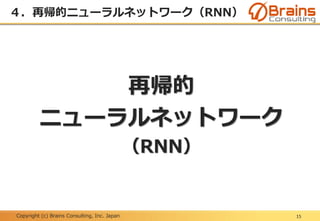 Copyright (c) Brains Consulting, Inc. Japan
４．再帰的ニューラルネットワーク（RNN）
15
再帰的
ニューラルネットワーク
（RNN）
 
