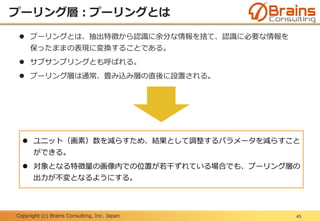 Copyright (c) Brains Consulting, Inc. Japan
プーリング層：プーリングとは
45
 プーリングとは、抽出特徴から認識に余分な情報を捨て、認識に必要な情報を
保ったままの表現に変換することである。
 サブサンプリングとも呼ばれる。
 プーリング層は通常、畳み込み層の直後に設置される。
 ユニット（画素）数を減らすため、結果として調整するパラメータを減らすこと
ができる。
 対象となる特徴量の画像内での位置が若干ずれている場合でも、プーリング層の
出力が不変となるようにする。
 