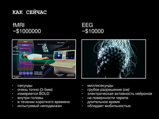 КАК СЕЙЧАС
fMRI 

~$1000000
EEG 

~$10000
• секунды

• очень точно (3-5мм)

• измеряется BOLD

• внутри головы

• в течении короткого времени

• испытуемый неподвижен
• миллисекунды

• грубое разрешение (см)

• электрическая активность нейронов

• на поверхности черепа

• длительное время

• обладает мобильностью
 