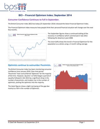 © DataTalk Research Ltd September 2014 Page 1 
BCI – Financial Optimism Index; September 2014 
Consumer Confidence Continues to Fall in September. 
The British Consumer Index (BCI) has today (25 September 2014) released the latest Financial Optimism Index. 
The Financial Optimism Index measures how people think their personal financial situation will change over the next few months. 
The September figures show a continued stalling of the recovery in confidence which commenced in late 2011 following the downturn post 2008. 
The chart (left) shows the trend in Financial Optimism for the population as a whole using a 3 month rolling average. 
Optimists continue to outnumber Pessimists. 
The British Consumer Index has been monitoring consumer confidence since January 2010. Over that period ‘Pessimists’ have outnumbered ‘Optimists’ for the majority of the time. However, Quarter 1 of 2012 began a period of equality followed in Q1 2013 by a significant drop in the number of pessimists, and modest rise in the number of optimists, putting the optimists into the majority. 
The latest figures show a slight narrowing of the gap due mainly to a fall in the number of Optimists. 
 