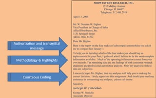 MIDWESTERN RESEARCH, INC.
                                                           1732 Midday Avenue
                                                            Chicago, IL 60607
                                                         Telephone: 312.481.2919
                                April 13, 2005

                                Mr. W. Norman W. Bigbee
                                Vice President in Charge of Sales
                                Allied Distributors, Inc.
                                3131 Speedall Street
                                Akron, Ohio 44302
                                Dear Mr. Bigbee:
Authorization and transmittal   Here is the report on the four makes of subcompact automobiles you asked
          message               me to compare last January 3.
                                To help you in deciding which of the four makes you should buy as
                                replacements for your fleet, I gathered what I believe to be the most complete
 Methodology & Highlights       information available. Much of the operating information comes from your
                                own records. The remaining data are the findings of both consumer research
                                engineers and professional automotive analysts. Only my analyses of these
                                data are subjective.
                                I sincerely hope, Mr. Bigbee, that my analyses will help you in making the
     Courteous Ending           correct decision. I truly appreciate this assignment. And should you need any
                                assistance in interpreting my analyses, please call on me.
                                Sincerely,
                                George W. Franklin
                                George W. Franklin
                                Associate Director
 