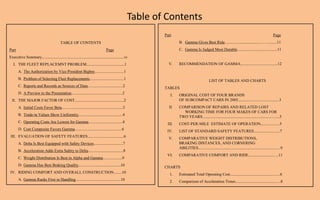 Table of Contents
                                                                                                            Part                                                                                    Page
                                           TABLE OF CONTENTS                                                        B. Gamma Gives Best Ride....................................……........11
Part                                                                              Page                              C. Gamma Is Judged Most Durable........................................11
Executive Summary..................................................................................vi
   I. THE FLEET REPLACEMNT PROBLEM......................................1                                     V.    RECOMMENDATION OF GAMMA.....................................12
       A. The Authorization by Vice President Bigbee.............................1
       B. Problem of Selecting Fleet Replacements..................................1                                                         LIST OF TABLES AND CHARTS
       C. Reports and Records as Sources of Data...................................2                        TABLES
       D. A Preview to the Presentation...................................................2                    I.   ORIGINAL COST OF FOUR BRANDS
  II. THE MAJOR FACTOR OF COST.................................................2                                    OF SUBCOMPACT CARS IN 2005.........................................3
       A. Initial Costs Favor Beta.............................................................3              II.   COMPARISON OF REPAIRS AND RELATED LOST
                                                                                                                      WORKING TIME FOR FOUR MAKES OF CARS FOR
       B. Trade-in Values Show Uniformity............................................4                              TWO YEARS....................................................................….....5
       C. Operating Costs Are Lowest for Gamma..................................4                            III.   COST-PER-MILE ESTIMATE OF OPERATION...................5
       D. Cost Composite Favors Gamma...............................................6                        IV.    LIST OF STANDARD SAFETY FEATURES..........................7
 III. EVALUATION OF SAFETY FEATURES....................................6                                      V.    COMPARATIVE WEIGHT DISTRIBUTIONS,
       A. Delta Is Best Equipped with Safety Devices.............................7                                  BRAKING DISTANCES, AND CORNERING
                                                                                                                    ABILITIES.............................................................................….9
       B. Acceleration Adds Extra Safety to Delta...................................8
                                                                                                             VI.    COMPARATIVE COMFORT AND RIDE.........................….11
       C. Weight Distribution Is Best in Alpha and Gamma...................9
       D. Gamma Has Best Braking Quality..........................................10                        CHARTS
IV. RIDING COMFORT AND OVERALL CONSTRUCTION........10                                                          1.   Estimated Total Operating Cost.............................................….6
       A. Gamma Ranks First in Handling.............................................10                         2.   Comparison of Acceleration Times........................................….8
 