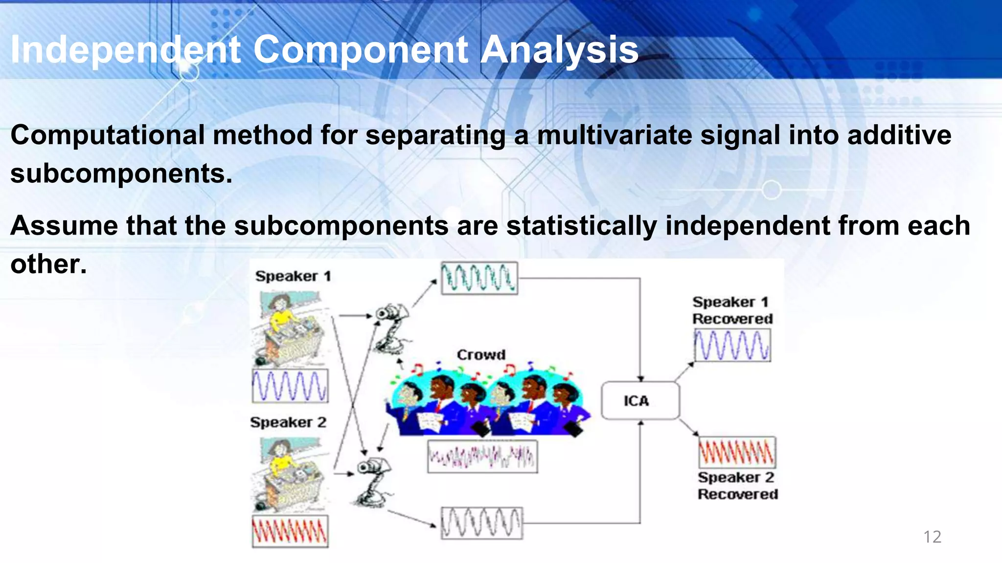 12
Independent Component Analysis
Computational method for separating a multivariate signal into additive
subcomponents.
Assume that the subcomponents are statistically independent from each
other.
 