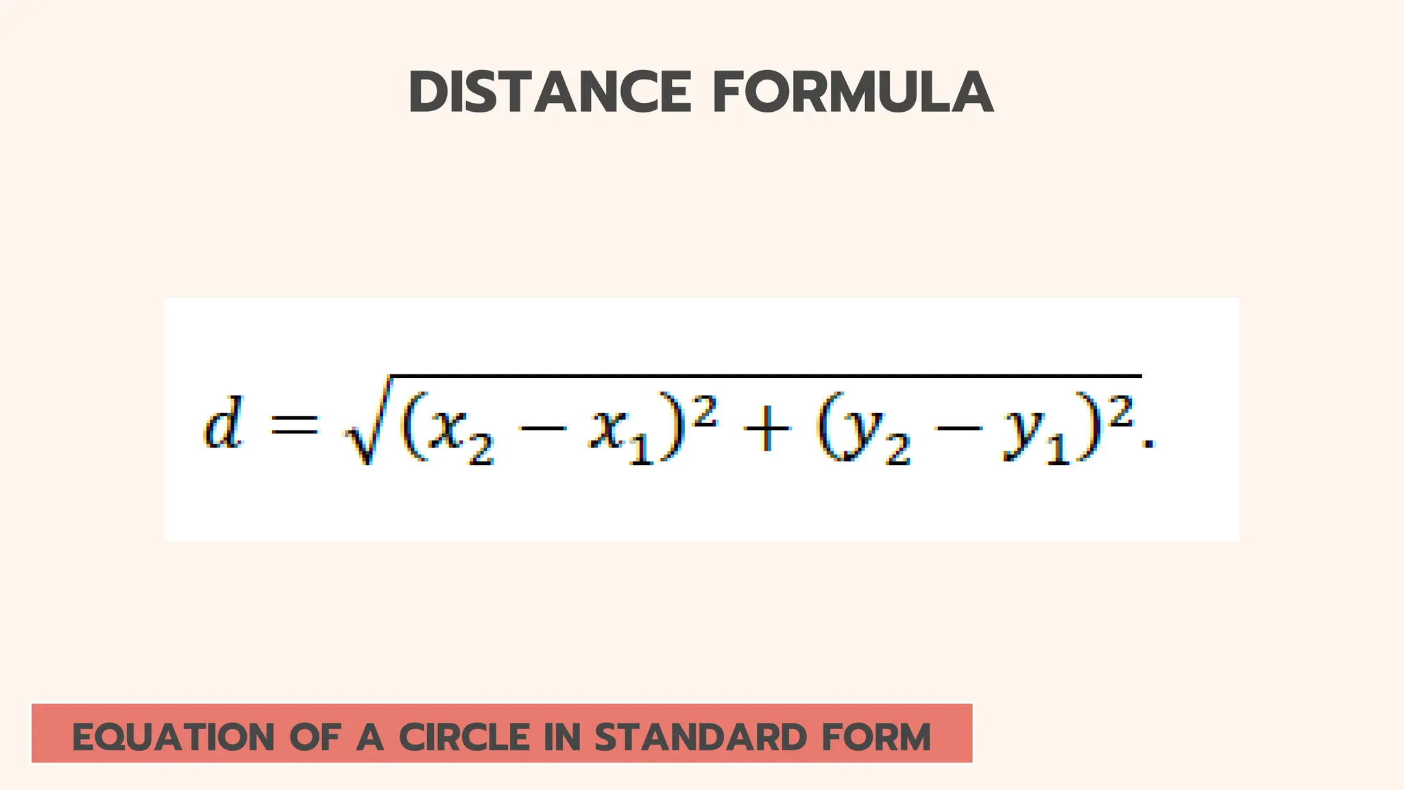 EQUATION OF A CIRCLE IN STANDARD FORM
DISTANCE FORMULA
 