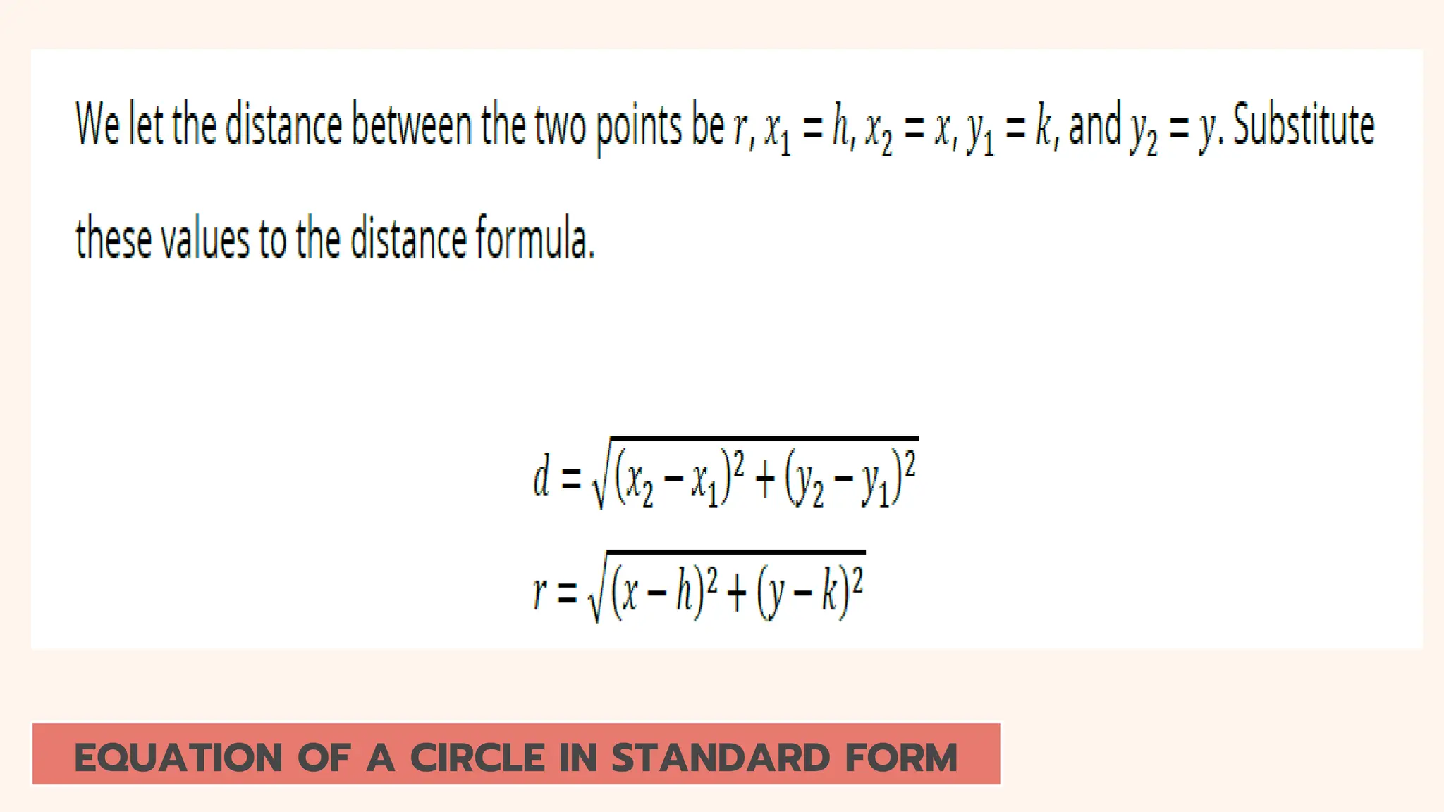 EQUATION OF A CIRCLE IN STANDARD FORM
 