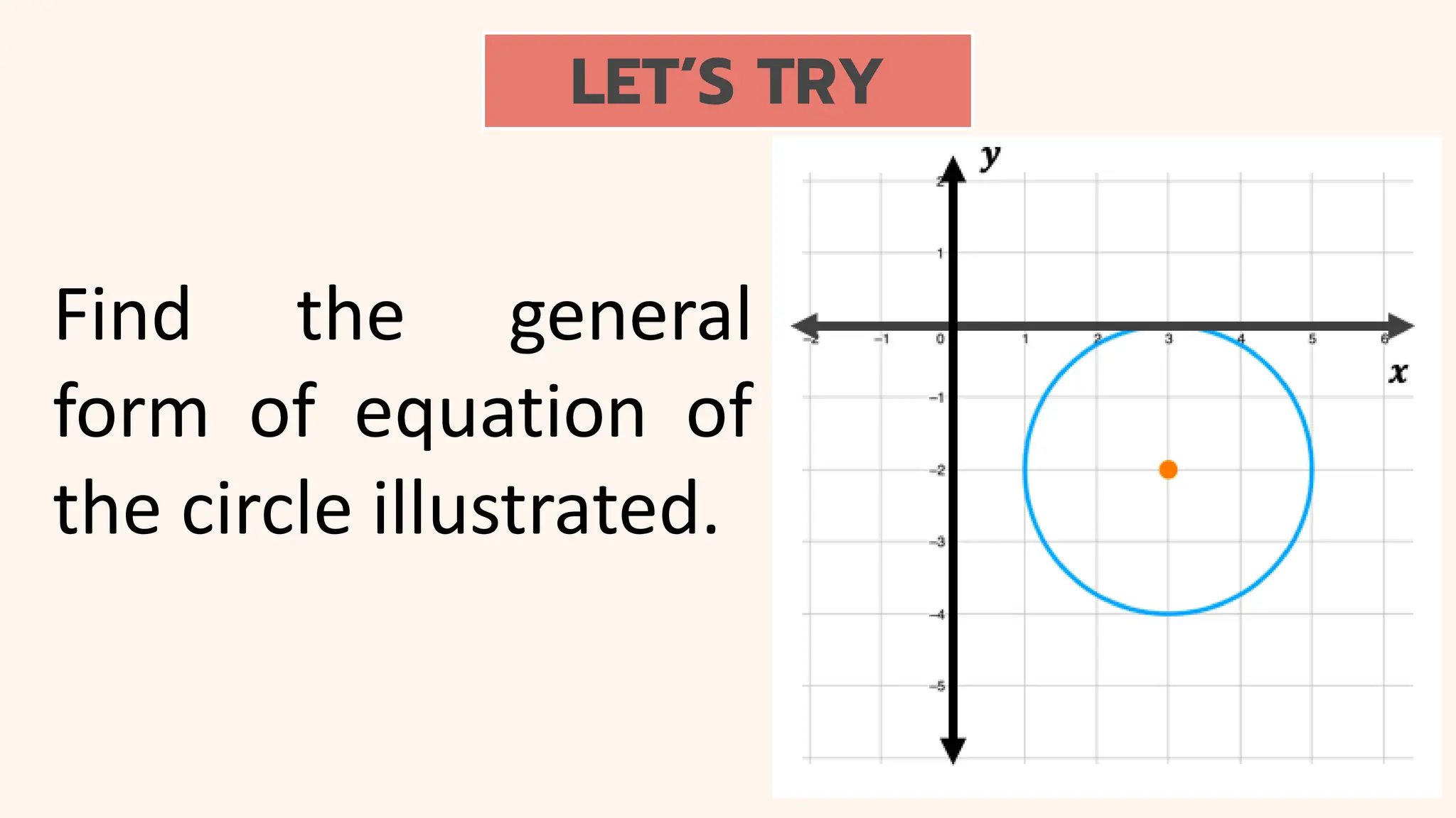 LET’S TRY
Find the general
form of equation of
the circle illustrated.
 