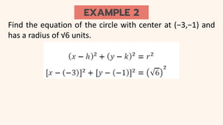 EXAMPLE 2
Find the equation of the circle with center at (−3,−1) and
has a radius of √6 units.
 