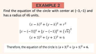 EXAMPLE 2
Find the equation of the circle with center at (−3,−1) and
has a radius of √6 units.
 
