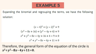 EXAMPLE 5
Therefore, the general form of the equation of the circle is
𝒙𝟐+𝒚𝟐−𝟖𝒙−𝟒𝒚+𝟏𝟏=𝟎.
 