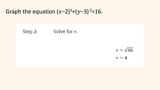 Graph the equation (𝑥−2)2+(𝑦−3)2=16.
 