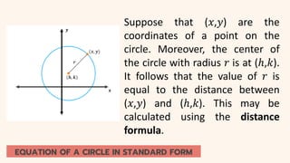 Suppose that (𝑥,𝑦) are the
coordinates of a point on the
circle. Moreover, the center of
the circle with radius 𝑟 is at (ℎ,𝑘).
It follows that the value of 𝑟 is
equal to the distance between
(𝑥,𝑦) and (ℎ,𝑘). This may be
calculated using the distance
formula.
EQUATION OF A CIRCLE IN STANDARD FORM
 