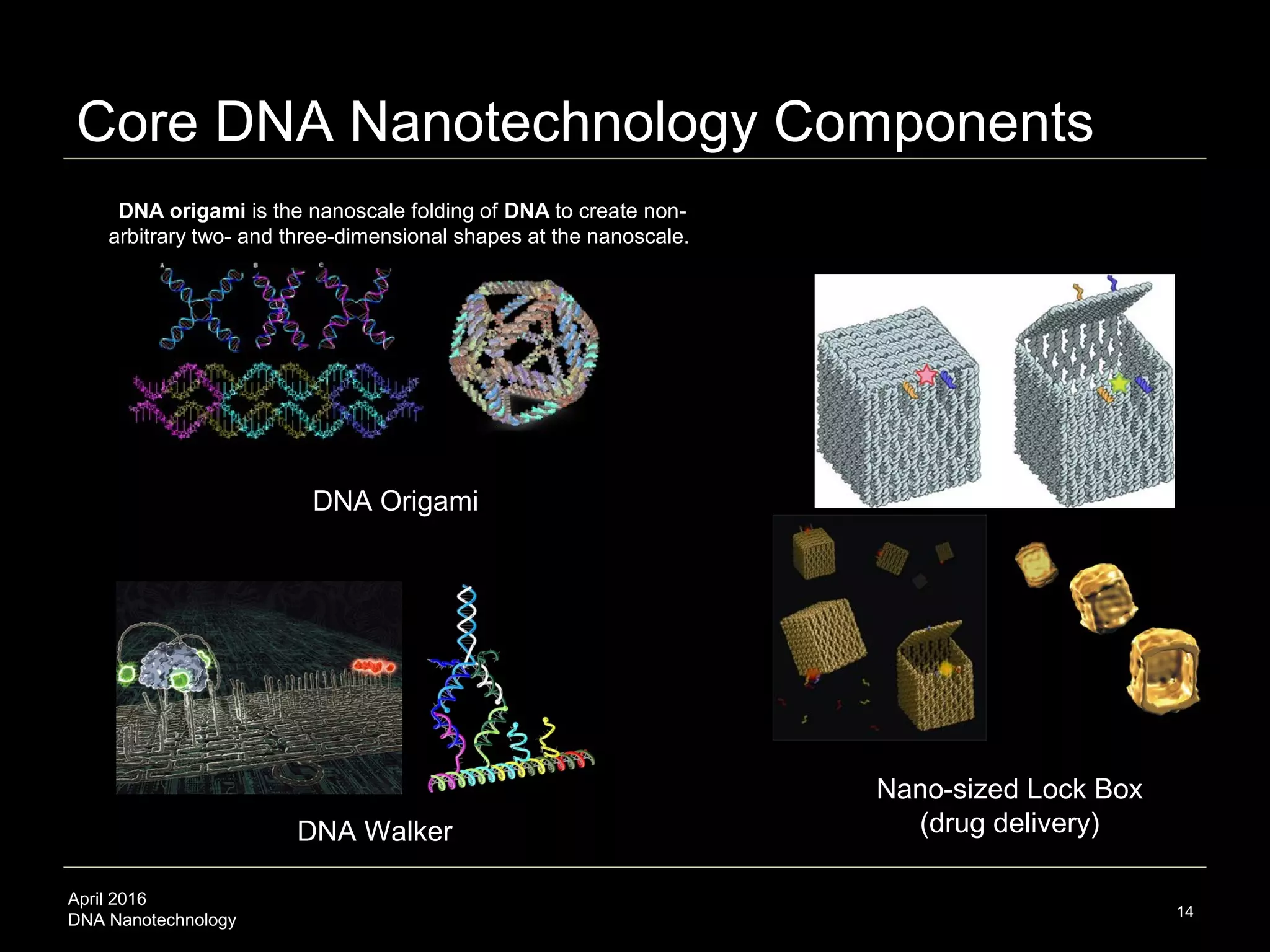 April 2016
DNA Nanotechnology
Core DNA Nanotechnology Components
14
DNA Walker
Nano-sized Lock Box
(drug delivery)
DNA origami is the nanoscale folding of DNA to create non-
arbitrary two- and three-dimensional shapes at the nanoscale.
DNA Origami
 