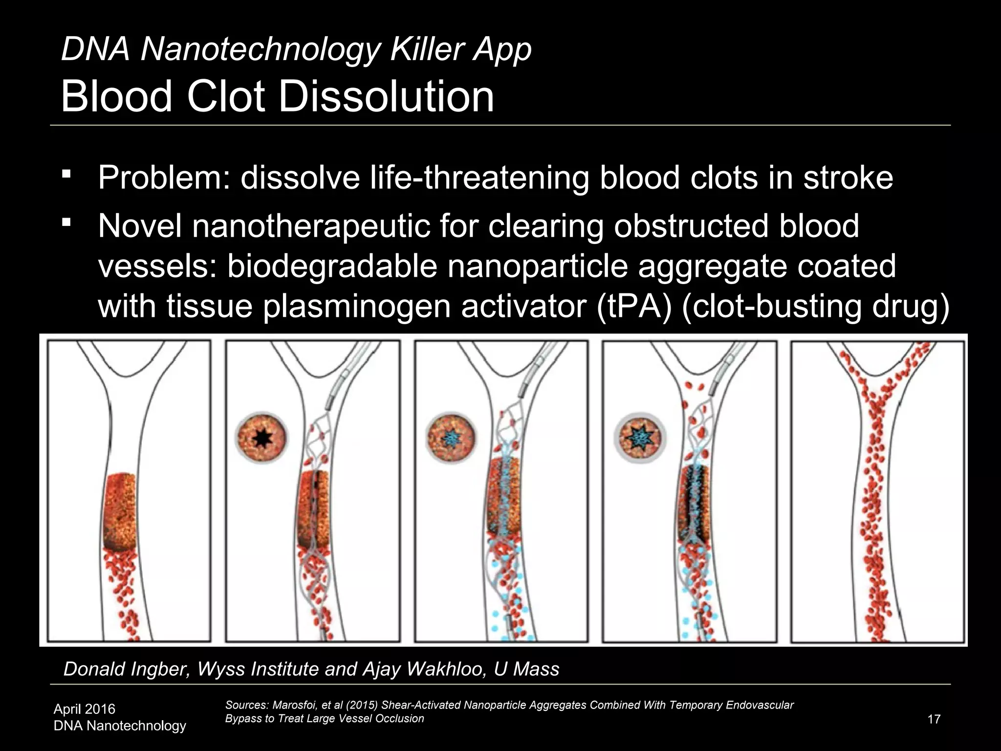 April 2016
DNA Nanotechnology
DNA Nanotechnology Killer App
Blood Clot Dissolution
 Problem: dissolve life-threatening blood clots in stroke
 Novel nanotherapeutic for clearing obstructed blood
vessels: biodegradable nanoparticle aggregate coated
with tissue plasminogen activator (tPA) (clot-busting drug)
17
Sources: Marosfoi, et al (2015) Shear-Activated Nanoparticle Aggregates Combined With Temporary Endovascular
Bypass to Treat Large Vessel Occlusion
Donald Ingber, Wyss Institute and Ajay Wakhloo, U Mass
 