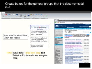 Create boxes for the general groups that the documents fall into HINT:  Save time -  drag and  drop  text from the Explore window into your map  