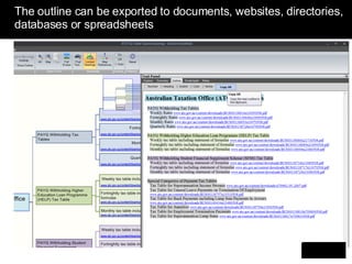 The outline can be exported to documents, websites, directories, databases or spreadsheets  