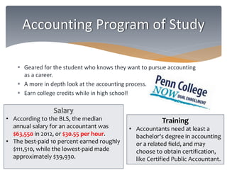 Accounting Program of Study 
 Geared for the student who knows they want to pursue accounting 
as a career. 
 A more in depth look at the accounting process. 
 Earn college credits while in high school! 
Salary 
• According to the BLS, the median 
annual salary for an accountant was 
$63,550 in 2012, or $30.55 per hour. 
• The best-paid 10 percent earned roughly 
$111,510, while the lowest-paid made 
approximately $39,930. 
Training 
• Accountants need at least a 
bachelor's degree in accounting 
or a related field, and may 
choose to obtain certification, 
like Certified Public Accountant. 
 