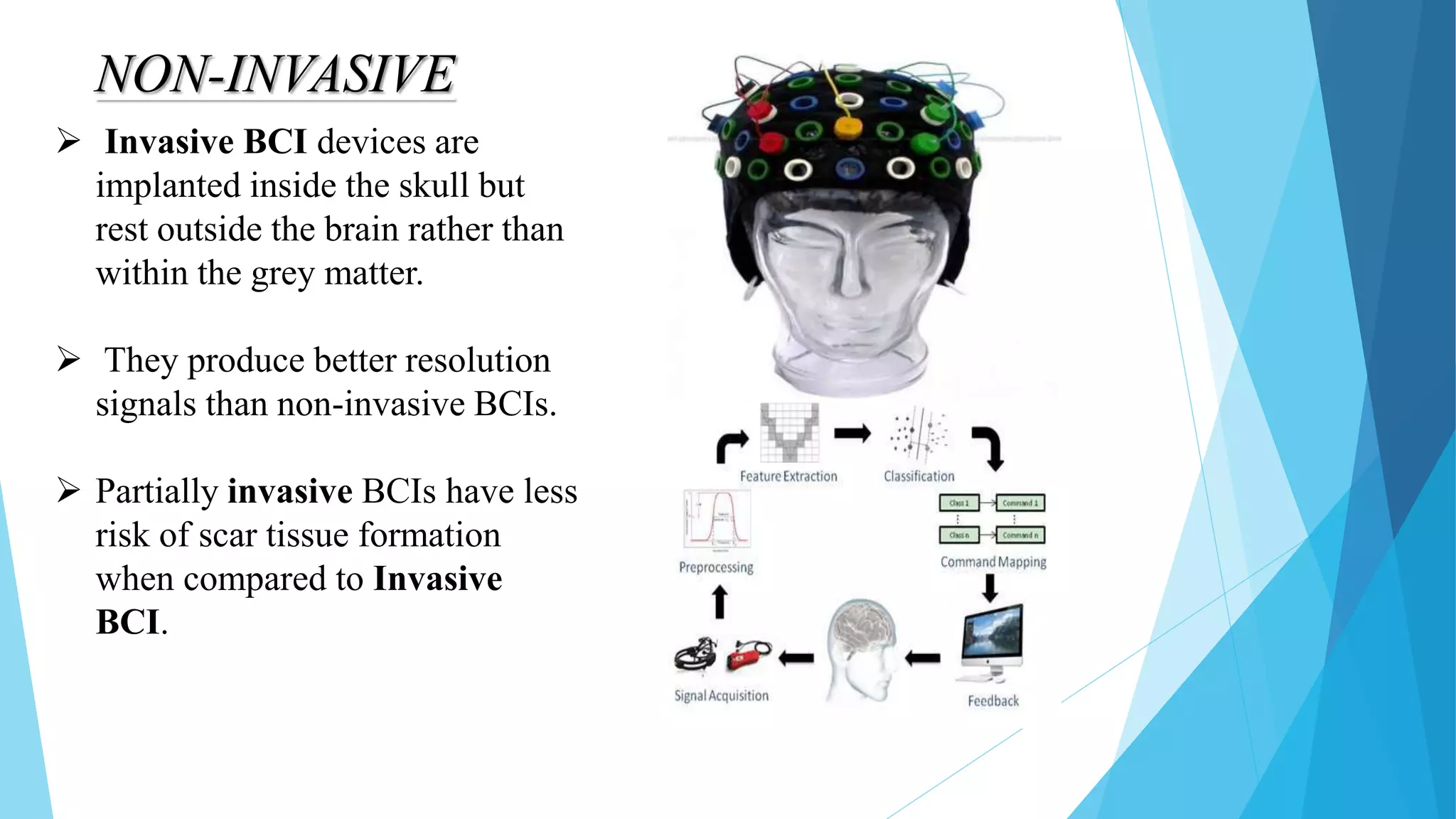 NON-INVASIVE
 Invasive BCI devices are
implanted inside the skull but
rest outside the brain rather than
within the grey matter.
 They produce better resolution
signals than non-invasive BCIs.
 Partially invasive BCIs have less
risk of scar tissue formation
when compared to Invasive
BCI.
 