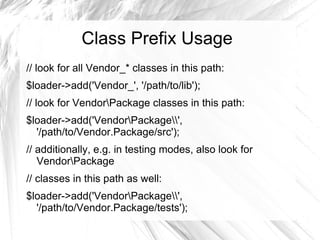 Class Prefix Usage
// look for all Vendor_* classes in this path:
$loader->add('Vendor_', '/path/to/lib');
// look for VendorPackage classes in this path:
$loader->add('VendorPackage',
  '/path/to/Vendor.Package/src');
// additionally, e.g. in testing modes, also look for
   VendorPackage
// classes in this path as well:
$loader->add('VendorPackage',
  '/path/to/Vendor.Package/tests');
 