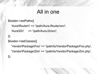 All in one
$loader->setPaths([
      'AuraRouter' => '/path/Aura.Router/src/',
      'AuraDi'   => '/path/Aura.Di/src/',
]);
$loader->setClasses([
      'VendorPackageFoo' => '/path/to/Vendor/Package/Foo.php',
      'VendorPackageZim' => '/path/to/Vendor/Package/Zim.php',
]);
 