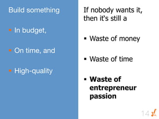 Build something 
   If nobody wants it,
                    then it‘s still a
§  In budget,
                    §  Waste of money
§  On time, and
                    §  Waste of time
§  High-quality
                    §  Waste of
                        entrepreneur
                        passion

                                         14
 