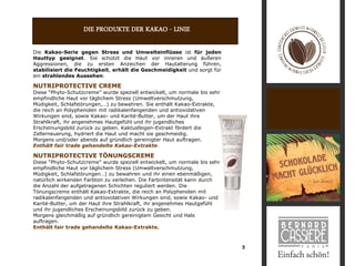 DIE PRODUKTE DER KAKAO - LINIE

Die Kakao-Serie gegen Stress und Umwelteinflüsse ist für jeden
Hauttyp geeignet. Sie schützt die Haut vor inneren und äußeren
Aggressionen, die zu ersten Anzeichen der Hautalterung führen,
stabilisiert die Feuchtigkeit, erhält die Geschmeidigkeit und sorgt für
ein strahlendes Aussehen.

NUTRIPROTECTIVE CREME
Diese “Phyto-Schutzcreme” wurde speziell entwickelt, um normale bis sehr
empfindliche Haut vor täglichem Stress (Umweltverschmutzung,
Müdigkeit, Schlafstörungen,…) zu bewahren. Sie enthält Kakao-Extrakte,
die reich an Polyphenolen mit radikalenfangenden und antioxidativen
Wirkungen sind, sowie Kakao- und Karité-Butter, um der Haut ihre
Strahlkraft, ihr angenehmes Hautgefühl und ihr jugendliches
Erscheinungsbild zurück zu geben. Kaktusfeigen-Extrakt fördert die
Zellerneuerung, hydriert die Haut und macht sie geschmeidig.
Morgens und/oder abends auf gründlich gereinigter Haut auftragen.
Enthält fair trade gehandelte Kakao-Extrakte.

NUTRIPROTECTIVE TÖNUNGSCREME
Diese “Phyto-Schutzcreme” wurde speziell entwickelt, um normale bis sehr
empfindliche Haut vor täglichem Stress (Umweltverschmutzung,
Müdigkeit, Schlafstörungen…) zu bewahren und ihr einen ebenmäßigen,
natürlich wirkenden Farbton zu verleihen. Die Farbintensität kann durch
die Anzahl der aufgetragenen Schichten reguliert werden. Die
Tönungscreme enthält Kakao-Extrakte, die reich an Polyphenolen mit
radikalenfangenden und antioxidativen Wirkungen sind, sowie Kakao- und
Karité-Butter, um der Haut ihre Strahlkraft, ihr angenehmes Hautgefühl
und ihr jugendliches Erscheinungsbild zurück zu geben.
Morgens gleichmäßig auf gründlich gereinigtem Gesicht und Hals
auftragen.
Enthält fair trade gehandelte Kakao-Extrakte.



                                                                           5
 
