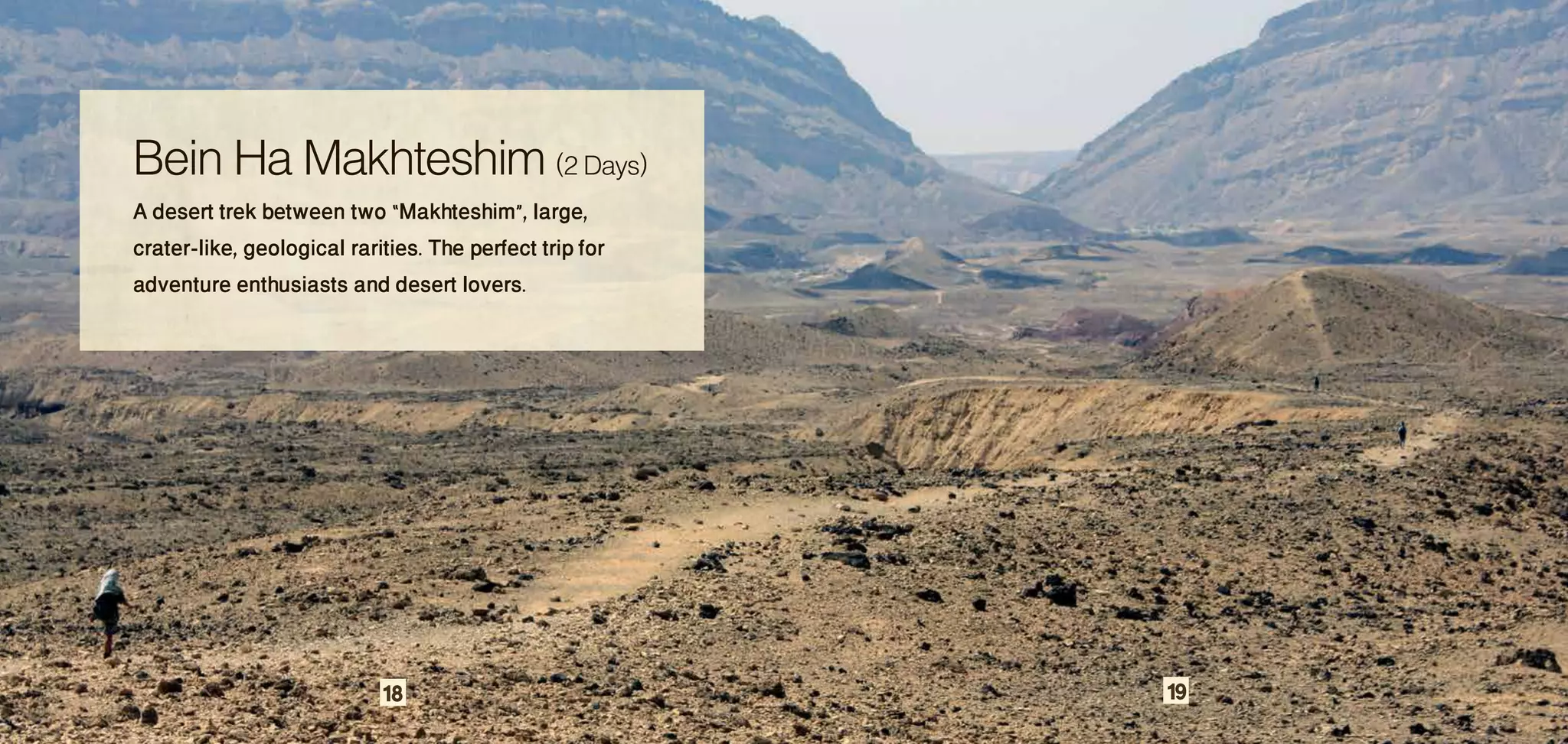 Bein Ha Makhteshim (2 Days)
A desert trek between two “Makhteshim”, large,
crater-like, geological rarities. The perfect trip for
adventure enthusiasts and desert lovers.




                            18                           19
 