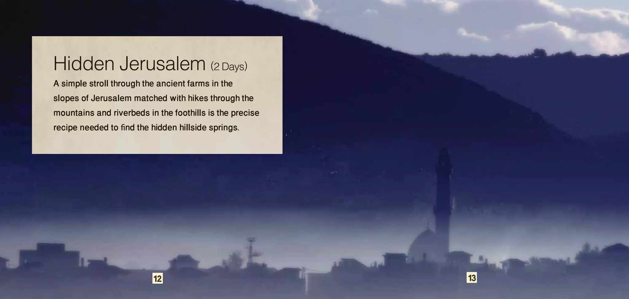 Hidden Jerusalem (2 Days)
A simple stroll through the ancient farms in the
slopes of Jerusalem matched with hikes through the
mountains and riverbeds in the foothills is the precise
recipe needed to find the hidden hillside springs.




                          12                              13
 