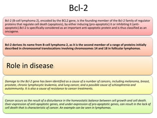 Bcl-2
Bcl-2 (B-cell lymphoma 2), encoded by the BCL2 gene, is the founding member of the Bcl-2 family of regulator
proteins that regulate cell death (apoptosis), by either inducing (pro-apoptotic) it or inhibiting it (antiapoptotic).Bcl-2 is specifically considered as an important anti-apoptotic protein and is thus classified as an
oncogene.

Bcl-2 derives its name from B-cell lymphoma 2, as it is the second member of a range of proteins initially
described in chromosomal translocations involving chromosomes 14 and 18 in follicular lymphomas.

Role in disease:
Damage to the Bcl-2 gene has been identified as a cause of a number of cancers, including melanoma, breast,
prostate, chronic lymphocytic leukemia, and lung cancer, and a possible cause of schizophrenia and
autoimmunity. It is also a cause of resistance to cancer treatments.

Cancer occurs as the result of a disturbance in the homeostatic balance between cell growth and cell death.
Over-expression of anti-apoptotic genes, and under-expression of pro-apoptotic genes, can result in the lack of
cell death that is characteristic of cancer. An example can be seen in lymphomas.

 