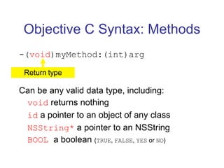 Objective C Syntax: Methods -( void )myMethod:(int)arg Can be any valid data type, including: void  returns nothing id  a pointer to an object of any class NSString*  a pointer to an NSString BOOL  a boolean  ( TRUE ,  FALSE ,  YES  or  NO ) Return type 
