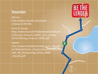 Sources Mercer http://www.mercer.com/press-releases/1391585 Ernst & Young http://www.ey.com/Publication/vwLUAssets/Moving_forward_health_care_survey/$FILE/Moving_forward_FINAL.pdf Hewitt http://www.hewittassociates.com/_MetaBasicCMAssetCache_/Assets/Articles/2009/Hewitt_HR_Outsourcing_Study_2009 _Results.pdf 
