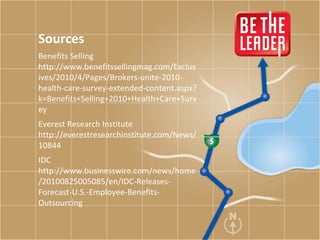 Sources Benefits Selling http://www.benefitssellingmag.com/Exclusives/2010/4/Pages/Brokers-unite-2010-health-care-survey-extended-content.aspx?k=Benefits+Selling+2010+Health+Care+Survey Everest Research Institute http://everestresearchinstitute.com/News/10844 IDC http://www.businesswire.com/news/home/20100825005085/en/IDC-Releases-Forecast-U.S.-Employee-Benefits-Outsourcing  