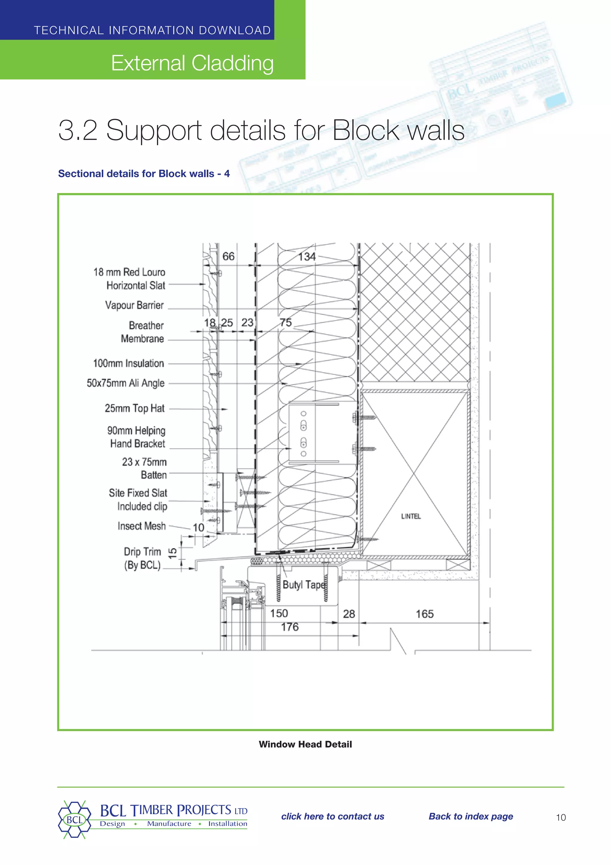 3.2 Support details for Block walls
Sectional details for Block walls - 4
Technical information download
External Cladding
10
Window Head Detail
click here to contact us Back to index page
 