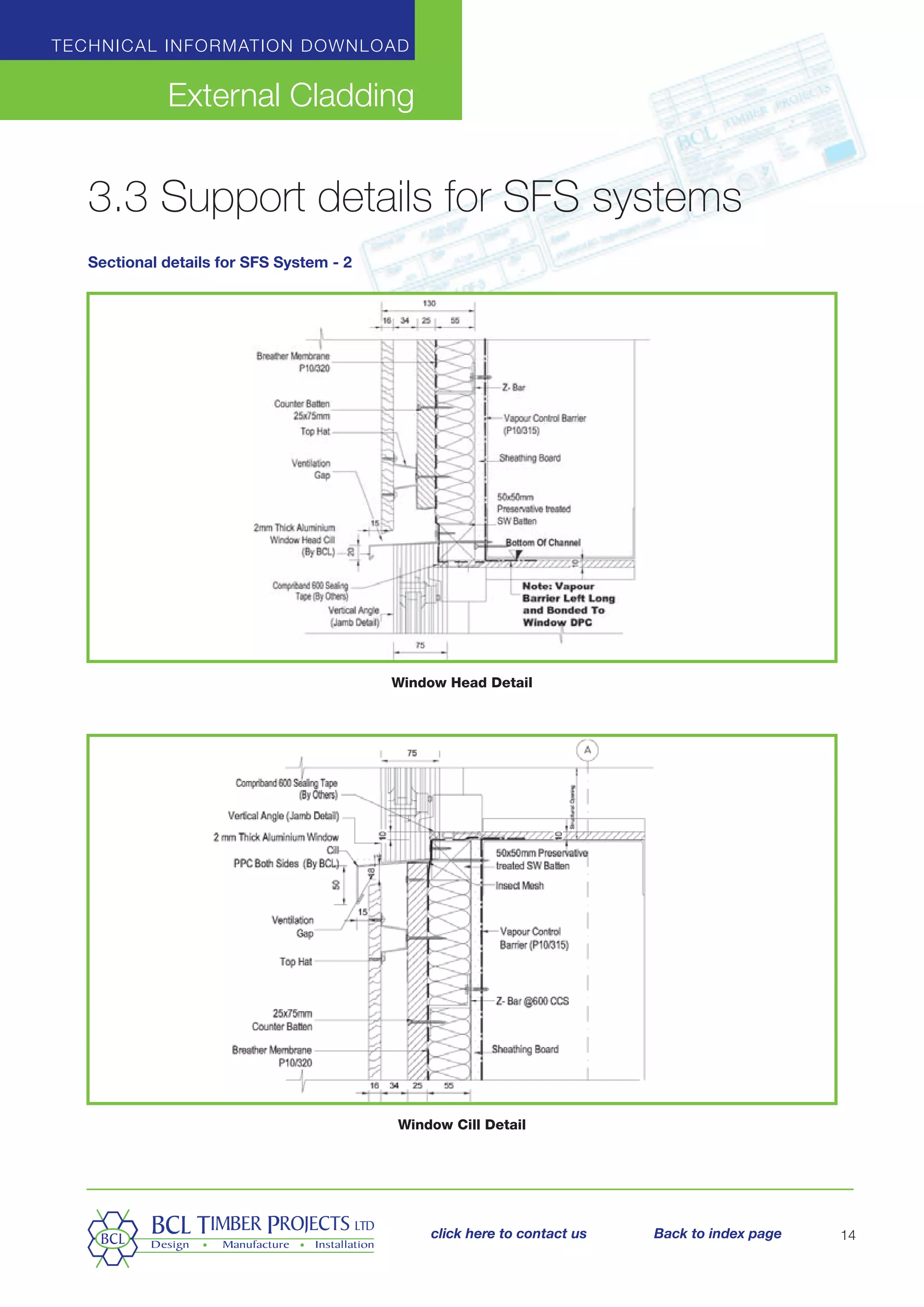 3.3 Support details for SFS systems
Sectional details for SFS System - 2
Technical information download
External Cladding
14
Window Head Detail
Window Cill Detail
click here to contact us Back to index page
 