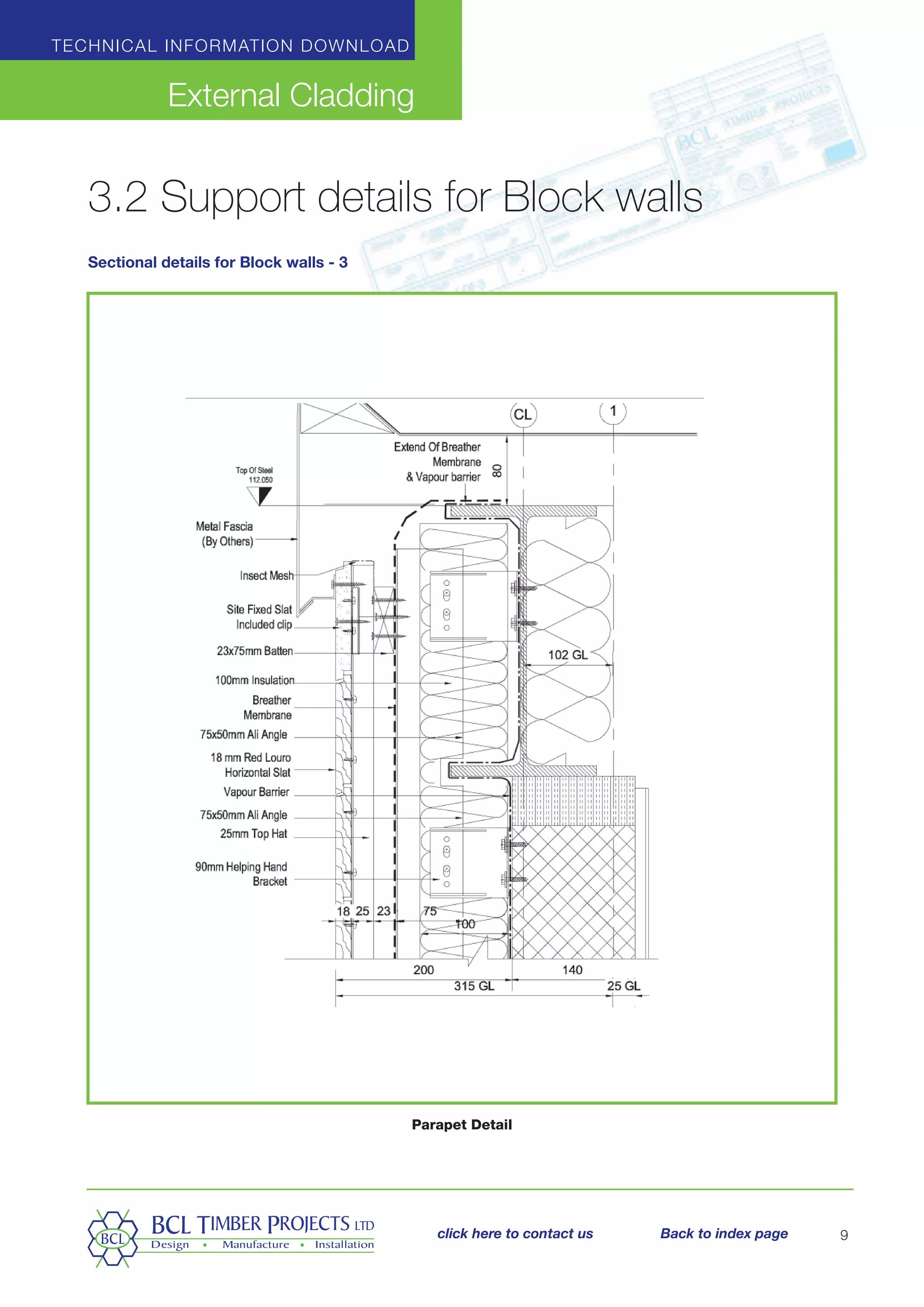 3.2 Support details for Block walls
Sectional details for Block walls - 3
Technical information download
External Cladding
9
Parapet Detail
click here to contact us Back to index page
 