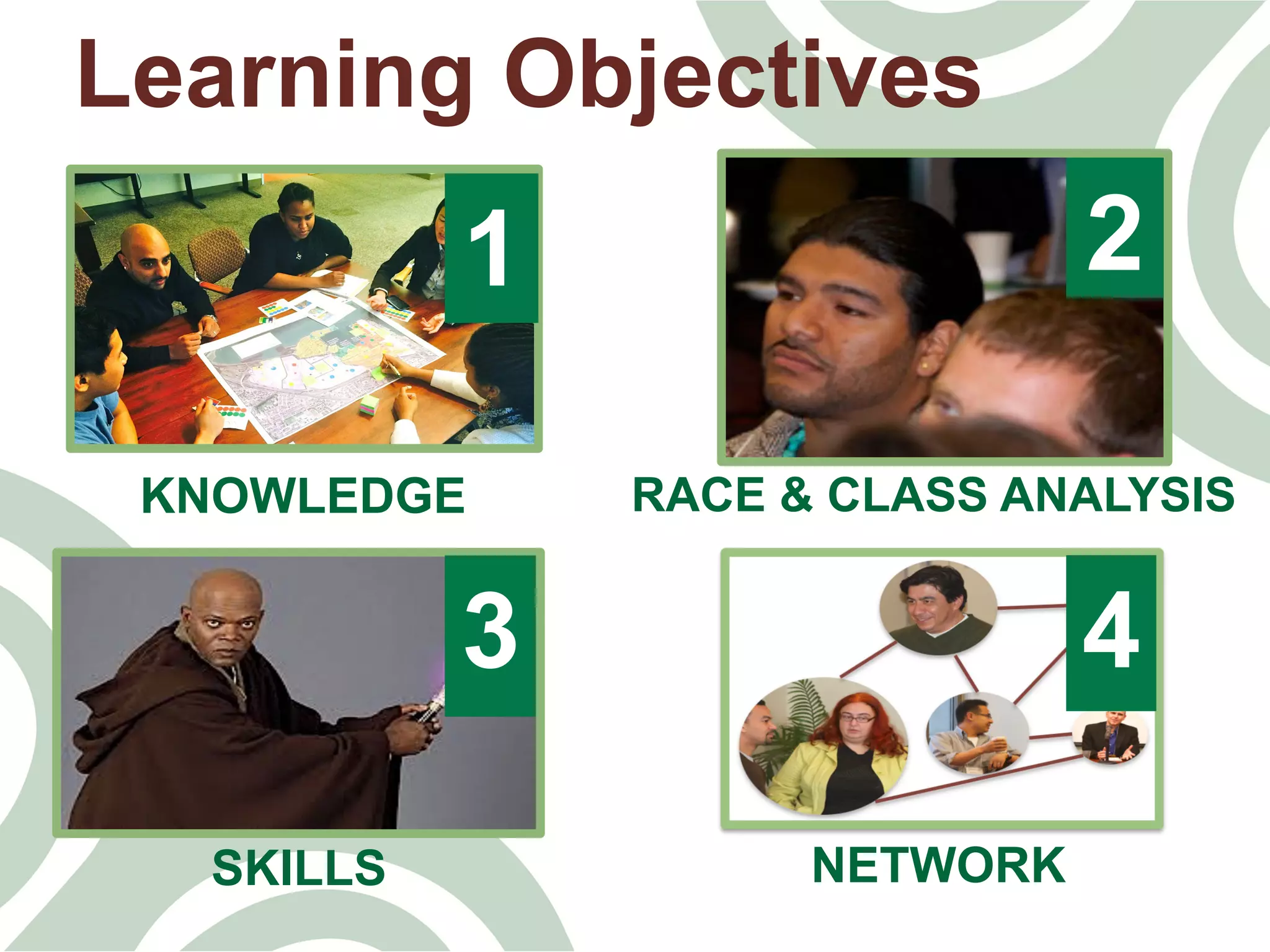 Learning Objectives
KNOWLEDGE
1
SKILLS
3
NETWORK
4
2
RACE & CLASS ANALYSIS
 