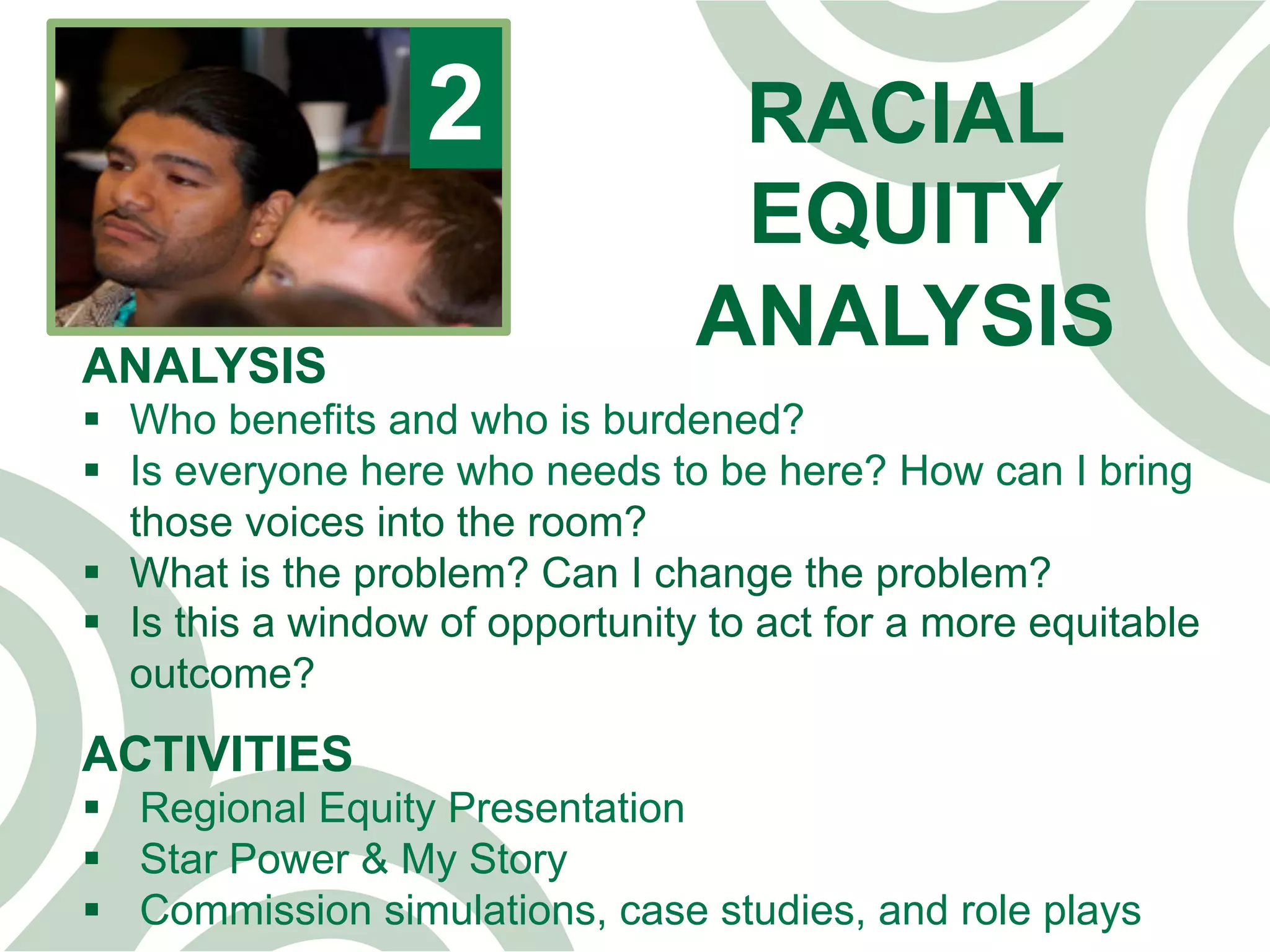 RACIAL
EQUITY
ANALYSIS
2
ACTIVITIES
§  Regional Equity Presentation
§  Star Power & My Story
§  Commission simulations, case studies, and role plays
ANALYSIS
§  Who benefits and who is burdened?
§  Is everyone here who needs to be here? How can I bring
those voices into the room?
§  What is the problem? Can I change the problem?
§  Is this a window of opportunity to act for a more equitable
outcome?
 