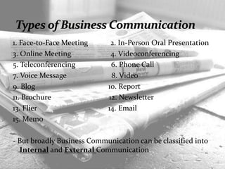 1. Face-to-Face Meeting 2. In-Person Oral Presentation
3. Online Meeting 4. Videoconferencing
5. Teleconferencing 6. Phone Call
7. Voice Message 8. Video
9. Blog 10. Report
11. Brochure 12. Newsletter
13. Flier 14. Email
15. Memo
- But broadly Business Communication can be classified into
Internal and External Communication.
 