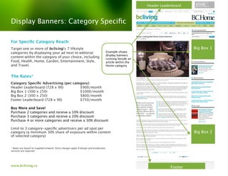Header Leaderboard



Display Banners: Category Speciﬁc

For Speciﬁc Category Reach:
Target one or more of bcliving’s 7 lifestyle                                                                                    Big Box 1
categories by displaying your ad next to editorial                                    Example shows
                                                                                      display banners
content within the category of your choice, including                                 running beside an
Food, Health, Home, Garden, Entertainment, Style,                                     article within the
and Travel.                                                                           Home category


The Rates*
Category Speciﬁc Advertising (per category)
Header Leaderboard (728 x 90)         $900/month
Big Box 1 (300 x 250)                 $1000/month
Big Box 2 (300 x 250)                 $800/month
Footer Leaderboard (728 x 90)         $750/month

Buy More and Save!
Purchase 2 categories and receive a 10% discount
Purchase 3 categories and receive a 20% discount
Purchase 4 or more categories and receive a 30% discount

Limit to 3 category-speciﬁc advertisers per ad spot per
category (a minimum 30% share of exposure within content                                                                        Big Box 2
of selected category)


* Rates are based on supplied artwork. Extra charges apply if design and production
services are required.




www.bcliving.ca
                                                                                                                       Footer
 