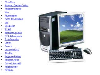 • Placa Base
• Ranures d’expansió/slots
• Targeta memòria
• Xips
• Acumuladors
• Punts de Soldadura
• Pila
• Dissipador
• Socket
• Microprocessador
• Font d’alimentació
• Transformador
• La bios
• Bus/-os
• Lector CD/DVD
• Disc Dur
• Targeta ethernet
• Targeta Gràfica
• Ports de Conexió
• Targeta àudio
• Perifèria
 