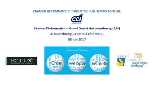 Séance d’information – Grand Duché de Luxembourg (2/4)
Le Luxembourg, la porte à côté mais…
08 juin 2017
Logo
partenaires
éventuels
CHAMBRE DE COMMERCE ET D'INDUSTRIE DU LUXEMBOURG BELGE
 