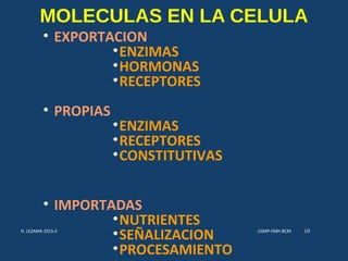 MOLECULAS EN LA CELULA
• EXPORTACION
•ENZIMAS
•HORMONAS
•RECEPTORES
• PROPIAS
•ENZIMAS
•RECEPTORES
•CONSTITUTIVAS
• IMPORTADAS
•NUTRIENTES
•SEÑALIZACION
•PROCESAMIENTO
USMP-FMH-BCMH. LEZAMA 2015-II 10
 