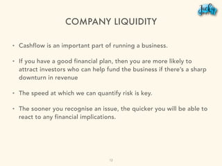 COMPANY LIQUIDITY
• Cashflow is an important part of running a business.
• If you have a good financial plan, then you are more likely to
attract investors who can help fund the business if there’s a sharp
downturn in revenue
• The speed at which we can quantify risk is key.
• The sooner you recognise an issue, the quicker you will be able to
react to any financial implications.
12
 