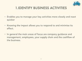 1.IDENTIFY BUSINESS ACTIVITIES
• Enables you to manage your key activities more closely and react
quicker
• Knowing the impact allows you to respond to and minimise its
effect.
• In general the main areas of focus are company guidance and
management, employees, your supply chain and the cashflow of
the business.
6
 