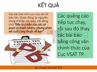 KẾT QUẢ
Các bài báo tích cực của các tờ
báo lớn, được đăng lại nguyên
trang ở khắp các báo, với dòng
chữ “Đây là ý kiến của các cơ
quan có trách nhiệm, nhưng phán
xét cuối cùng thuộc về bạn”
Ban Chuyên Môn MaC FTU
Các quảng cáo
tiếp tục chạy,
rồi sau đó thay
các bài báo
bằng công văn
chính thức của
Cục VSAT TP.
 