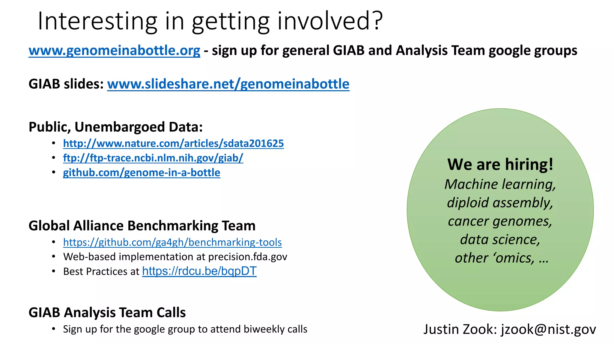 Interesting in getting involved?
www.genomeinabottle.org - sign up for general GIAB and Analysis Team google groups
GIAB slides: www.slideshare.net/genomeinabottle
Public, Unembargoed Data:
• http://www.nature.com/articles/sdata201625
• ftp://ftp-trace.ncbi.nlm.nih.gov/giab/
• github.com/genome-in-a-bottle
Global Alliance Benchmarking Team
• https://github.com/ga4gh/benchmarking-tools
• Web-based implementation at precision.fda.gov
• Best Practices at https://rdcu.be/bqpDT
GIAB Analysis Team Calls
• Sign up for the google group to attend biweekly calls Justin Zook: jzook@nist.gov
We are hiring!
Machine learning,
diploid assembly,
cancer genomes,
data science,
other ‘omics, …
 